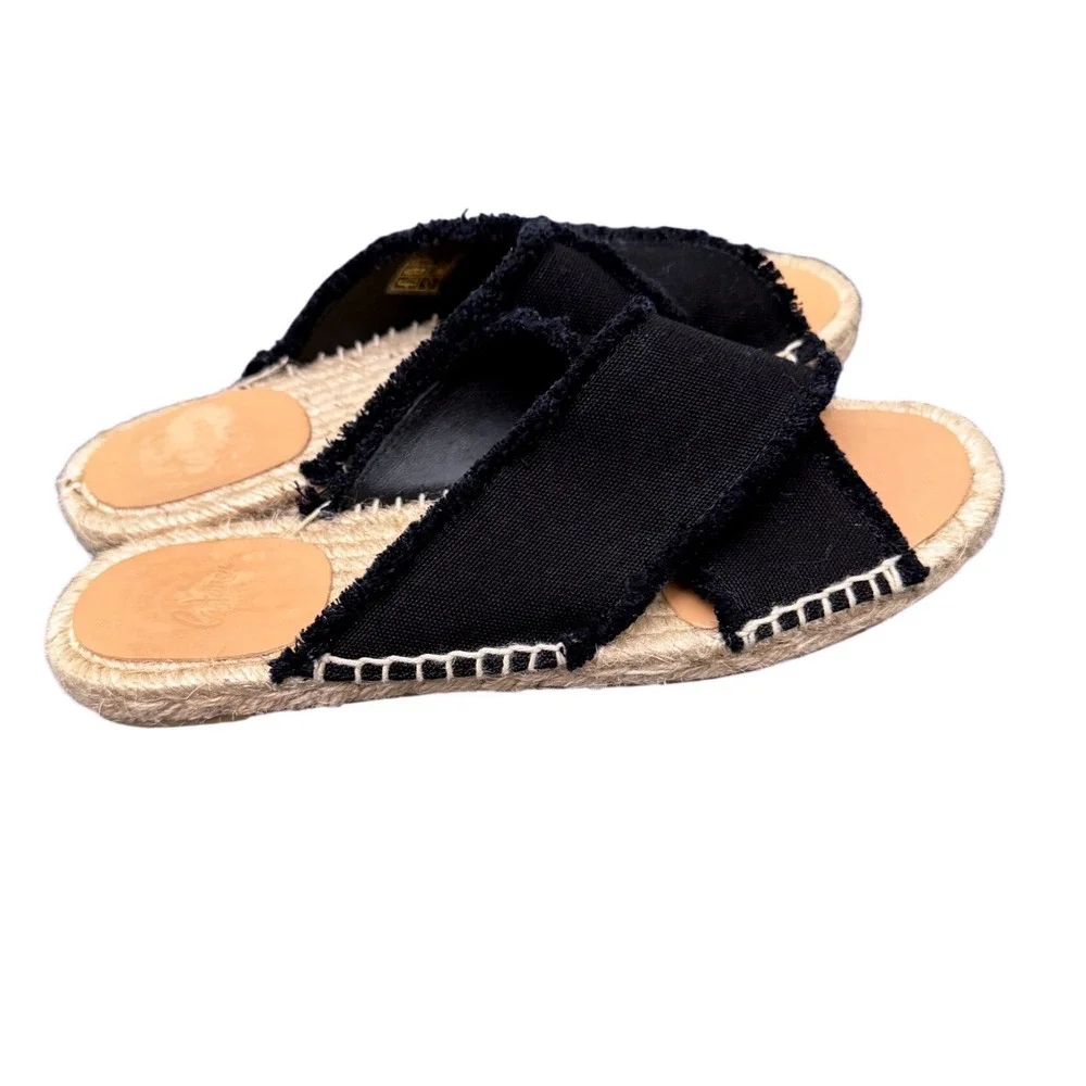 Castaner Palmera Espadrille Slide Frayed Canvas Crossover Black Size 7 Sandals